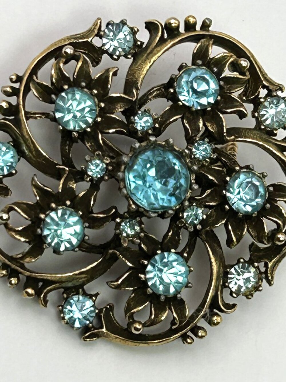 Signed Coro Aqua Ice Blue Rhinestone Brooch Floral Vintage Gold Tone